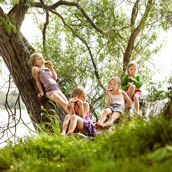 Ragazze Che Mangiano Anguria Albero Vicino Lago — Foto Stock