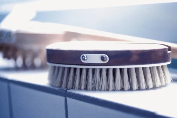 Wooden Brushes Bathroom Tile Close — Stock Photo, Image