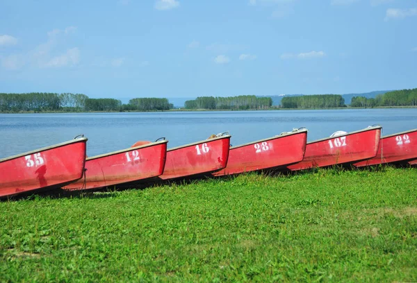 Vista Frontal Barcos Ancorados Numerados Atracados Por Lago — Fotografia de Stock