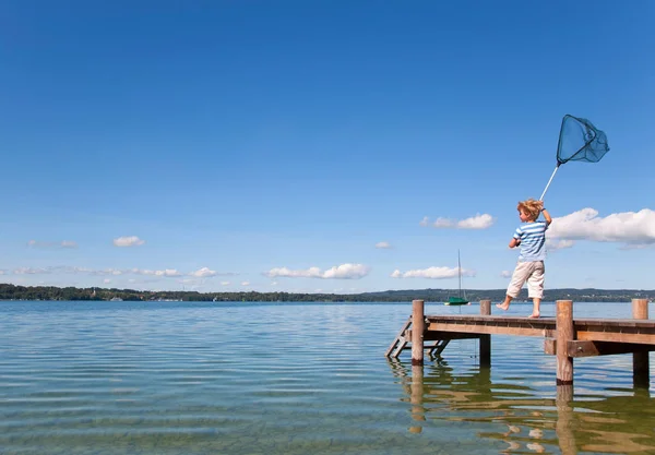 Αγόρι Που Αλιεύουν Δίχτυ Στην Λίμνη — Φωτογραφία Αρχείου