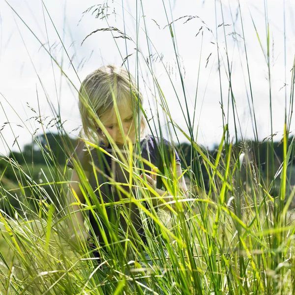 Mädchen Versteckt Sich Hinter Hohem Gras — Stockfoto