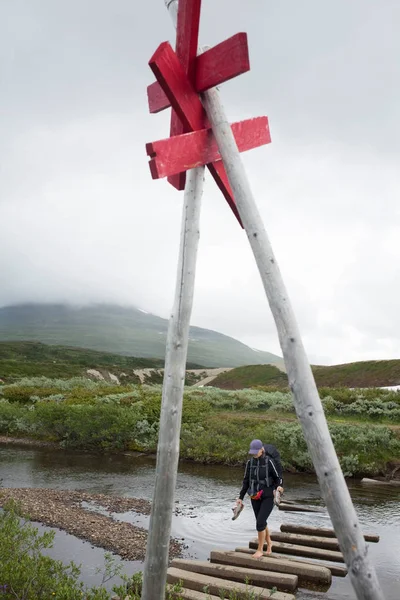 Wandelaar Wandelen Logs Rivier — Stockfoto