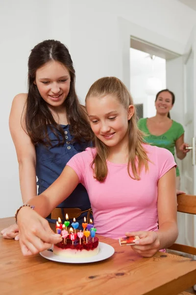 Girl Lighting Candles Birthday Cake — Stock Photo, Image