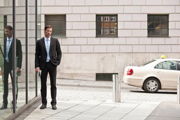 Handsome Caucasian Businessman Standing City Street — Stock Photo, Image