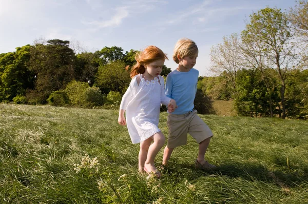 Kinder Halten Händchen Auf Dem Feld — Stockfoto