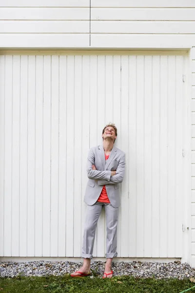 Happy Caucasian Handsome Young Man Standing Garage Laughing — Stock Photo, Image