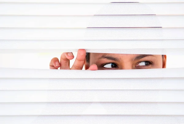 Woman Looks Blinds — Stock Photo, Image