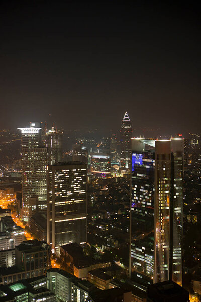 Aerial view of Frankfurt city skyline by night