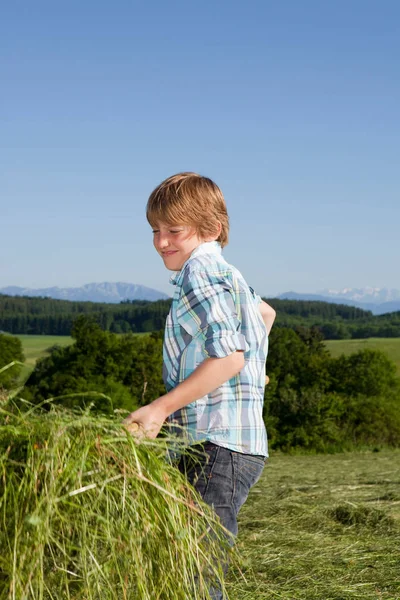 Çimen Çatallı Çocuk Çalışıyor — Stok fotoğraf
