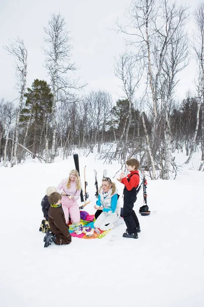 冬の森で 世代ピクニック — ストック写真