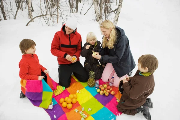 冬のピクニック 果物を食べて家族 — ストック写真