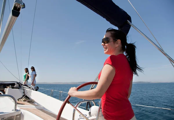 Girl Steering Yacht Trip — Stock Photo, Image