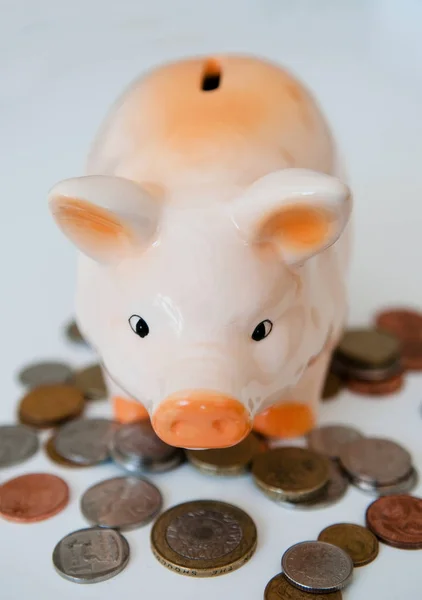 Close View Piggy Bank Coins White Background — Stock Photo, Image