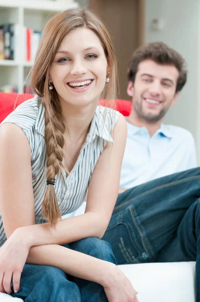 Happy Smiling Young Couple Home — Stock Photo, Image