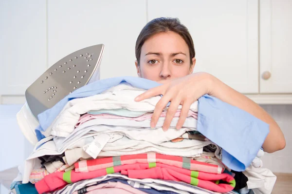 Woman Holding Stack Ironing — Stock Photo, Image