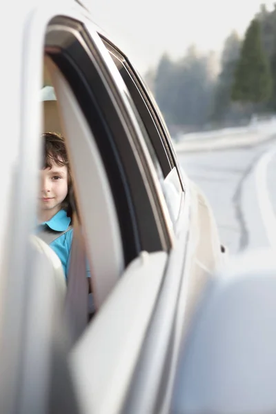 Boy Sitting Back Seat Car — Stock Photo, Image