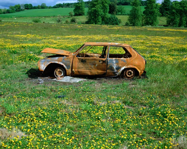 Tarlada Terk Edilmiş Bir Araba Stok Fotoğraf