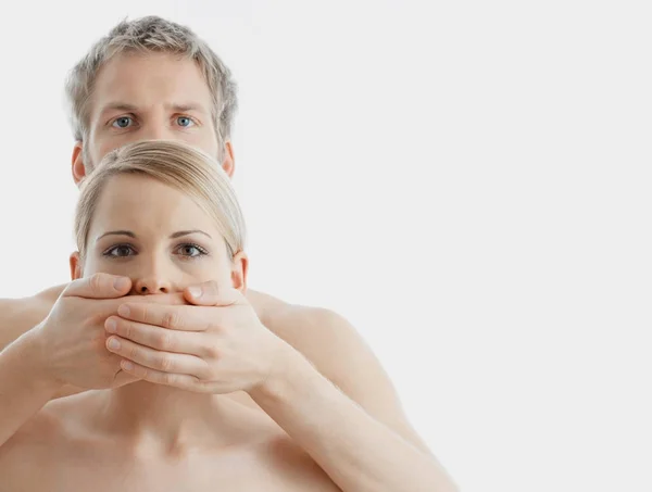 Man Covering Woman Mouth — Stock Photo, Image