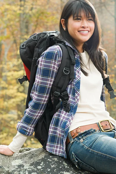 Young Woman Forest Backpack — Stock Photo, Image