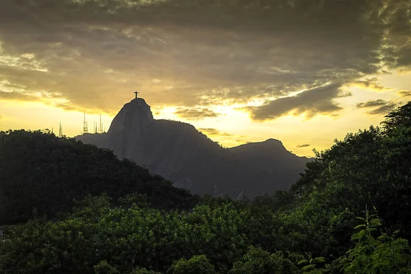 Vista Cristo Redentor Estatua Morro Babilonia Atardecer Río Janeiro Brasil — Foto de Stock