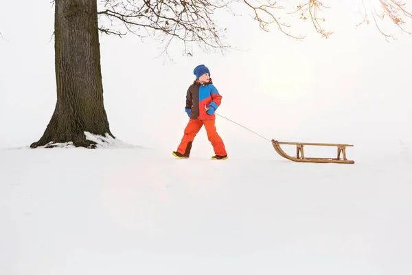 雪の中でトボガンを引っ張る男の子 — ストック写真