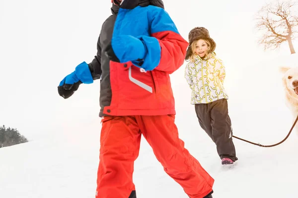 女の子と犬で雪の中で男の子と前景 — ストック写真