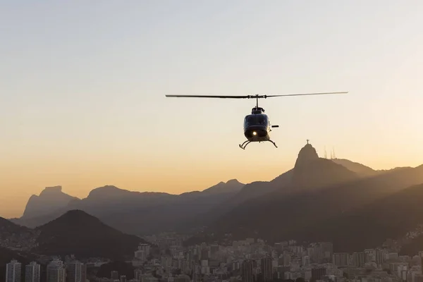 Silhouetted View Helicopter Christ Redeemer Dawn Rio Janeiro Brazil — Stock Photo, Image