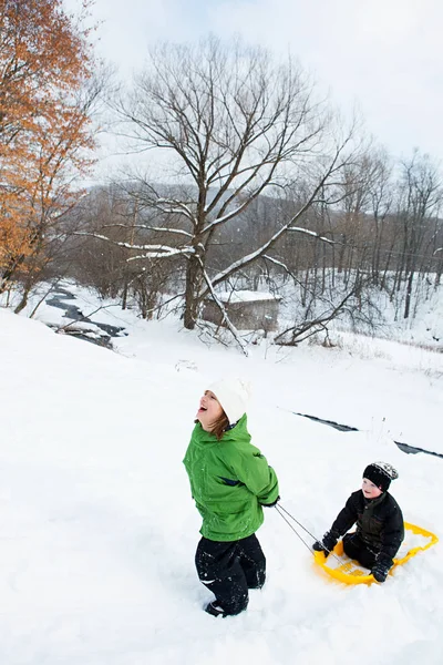 Dos Niños Trineo Nieve —  Fotos de Stock