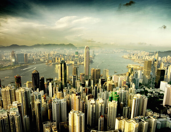High angle view of waterfront and skyscrapers, Hong Kong, China