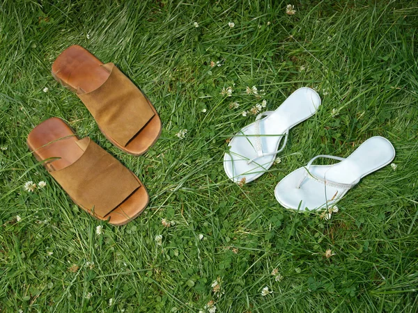 Zwei Paar Sandalen Auf Dem Rasen — Stockfoto