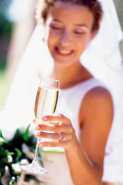 Bride Having Champagne View — Stock Photo, Image