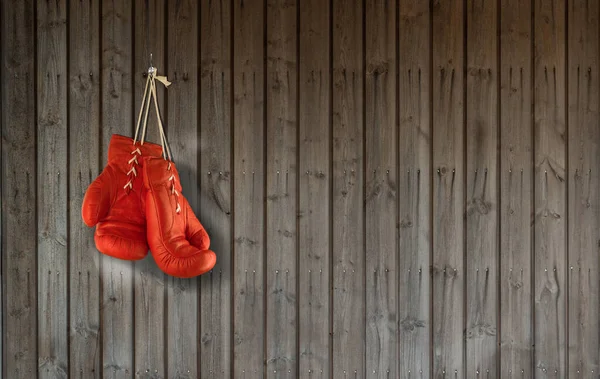 Paire Gants Boxe Rouge Suspendus Mur Lambrissé Bois — Photo