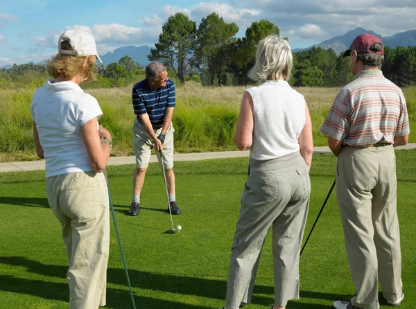 Skupinový Portrét Šťastných Přátel Hrajících Golf — Stock fotografie