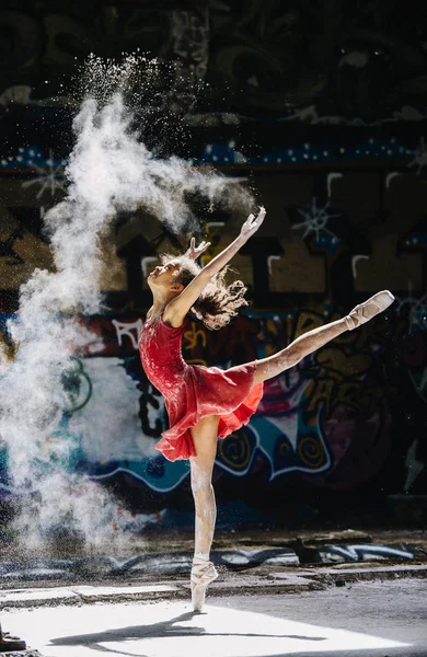 Ballet Dancing Girl Scattering White Powder Front Graffiti — Stock Photo, Image