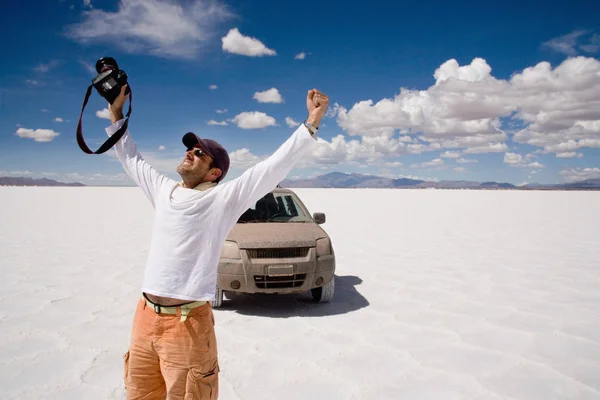 Fotógrafo Celebra Campo Sal Salinas Grandes Província Córdoba Argentina — Fotografia de Stock