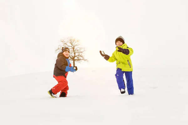雪の中で遊んでいる二人の少年 — ストック写真