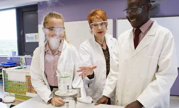 Μαθητές Και Εκπαιδευτικοί Που Εργάζονται Στο Εργαστήριο Χημείας — Φωτογραφία Αρχείου