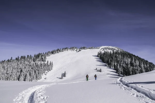 Vue Lointaine Deux Skieurs Masculins Marchant Sur Une Montagne Enneigée — Photo