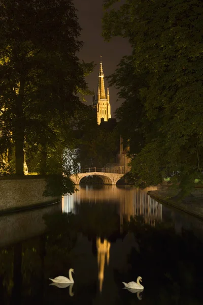 Meryem Kilisesi Bruges Kanalları Belçika — Stok fotoğraf