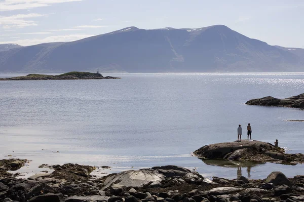 Drei Personen Stehen Auf Fjordfelsen Alesund Norwegen — Stockfoto