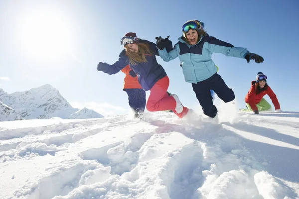 Friends Running Snow Kuhtai Austria — стокове фото