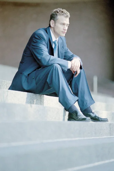 Close Portrait Businessman Sitting Steps — Stock Photo, Image