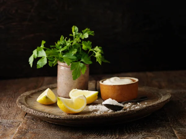 Still Life Lemon Parsley Sea Salt — Stock Photo, Image