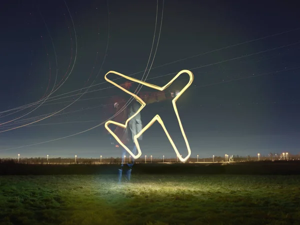 Trilhas Luz Trajetória Voo Símbolo Avião Brilhante Noite Aeroporto Heathrow — Fotografia de Stock