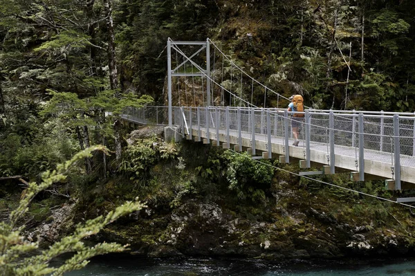 ニュージーランドの歩道橋を渡る女性 — ストック写真