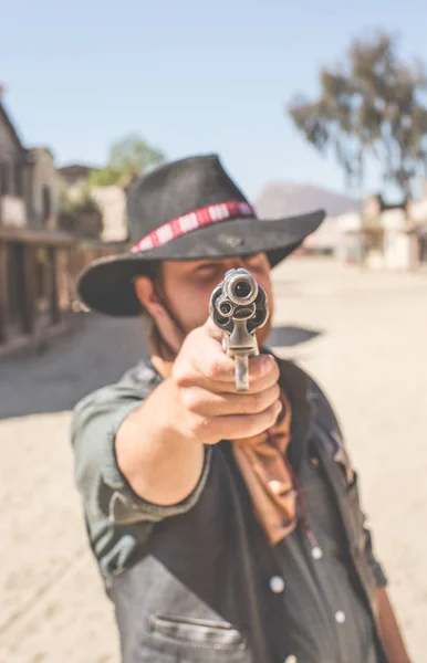 Cowboy Apuntando Con Una Pistola Set Películas Del Oeste Salvaje — Foto de Stock