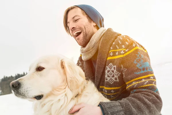 Man Wearing Knitted Cardigan Dog Snow — Stock Photo, Image