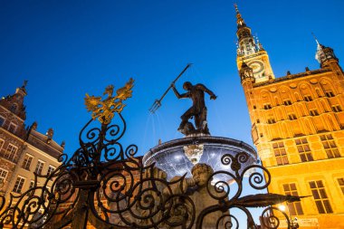 Silhouette of Neptunes fountain at night, Gdansk, Poland clipart