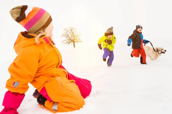 二人の男の子が犬と雪の中を走っていて 女の子は前でひざまずいて — ストック写真
