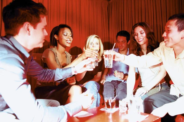 Group Portrait Happy Friends Chatting Nightclub Stock Picture